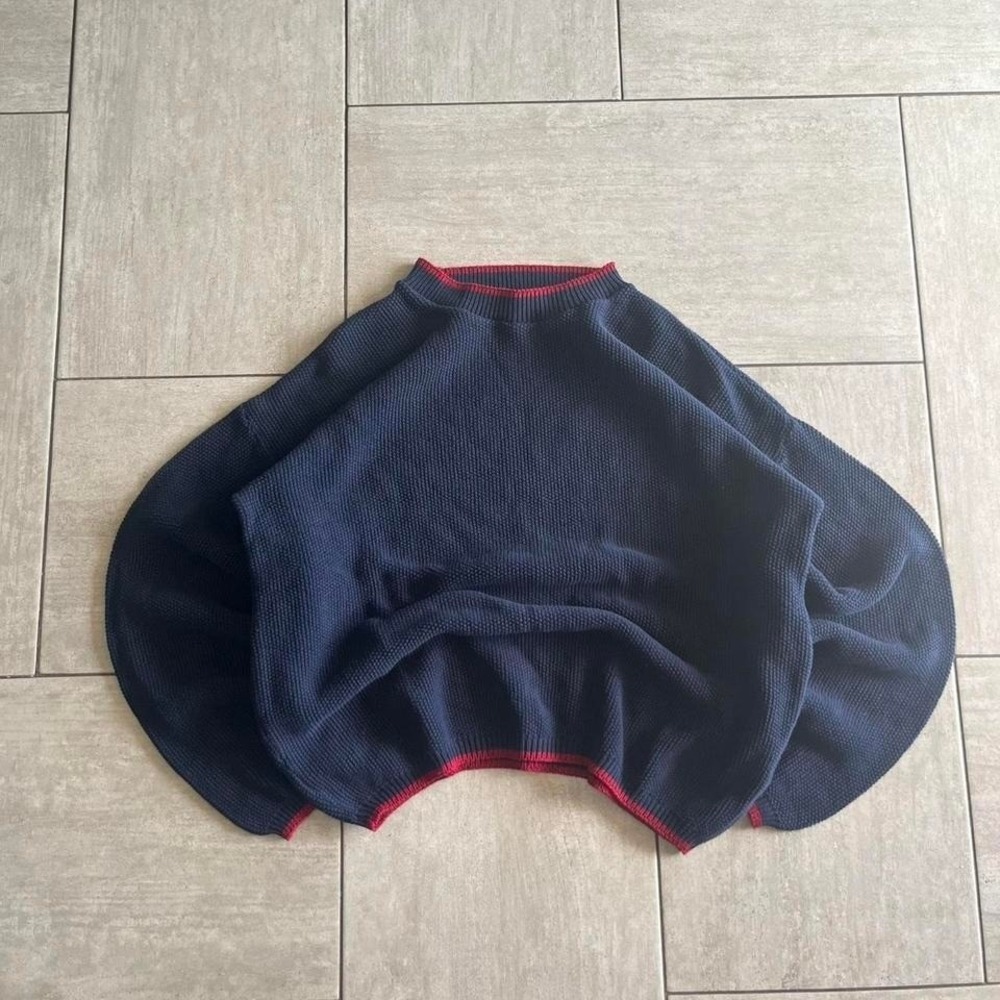 McBriar Vintage Navy Blue Red Trim Heavy Knit Cotton Sweater Made in USA Large